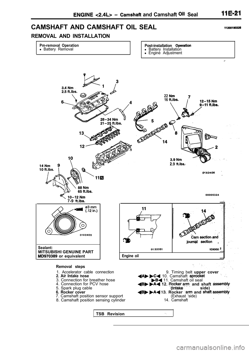 MITSUBISHI SPYDER 1990  Service Repair Manual  and Camshaft  Seal
CAMSHAFT  AND  CAMSHAFT  OIL  SEAL
REMOVAL  AND  INSTALLATION
Pm-removal  Operationl Battery  RemovalPost-installationl Battery  Installationl Engine  Adjustment
7-9
Sealant:
MITSU