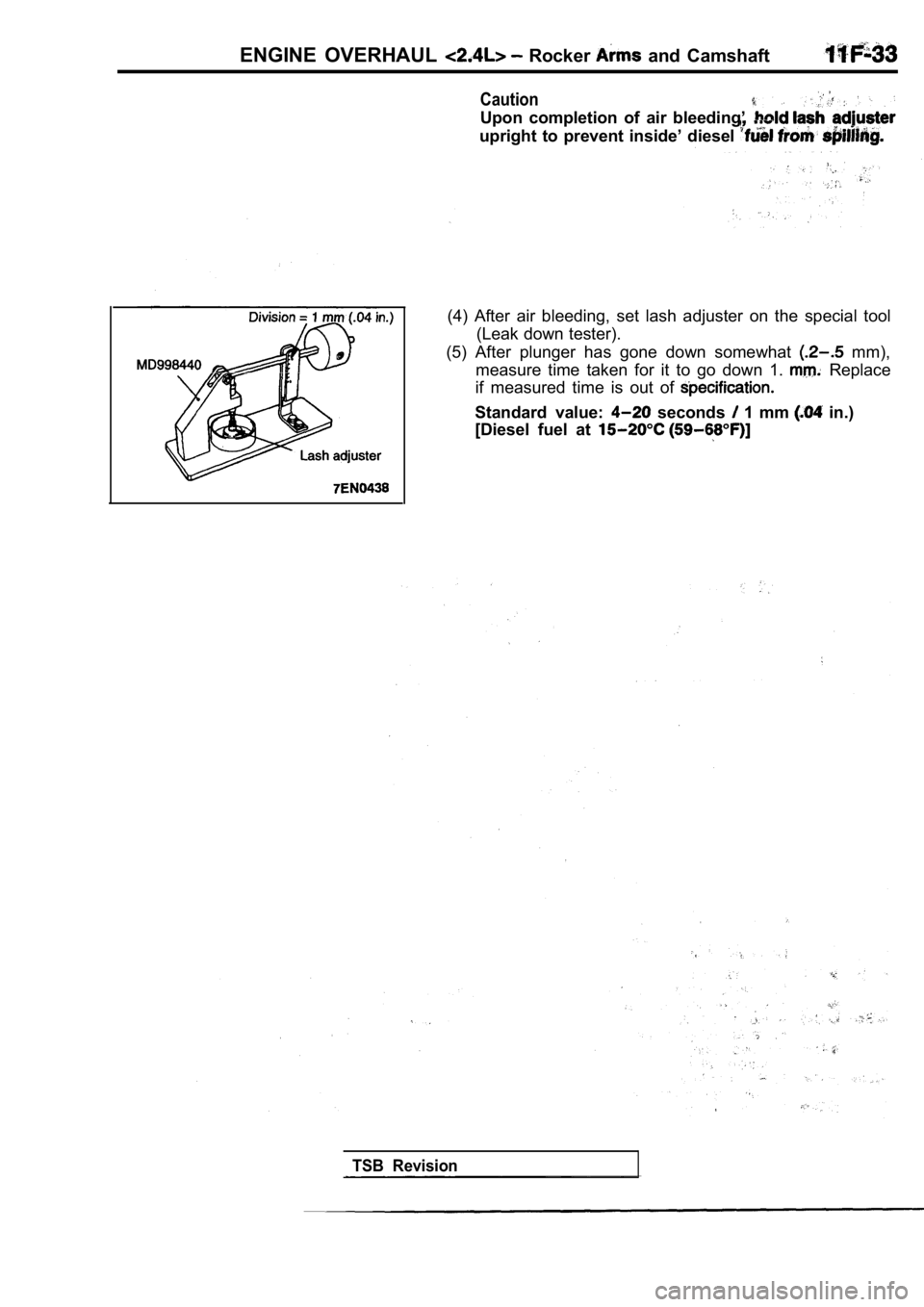MITSUBISHI SPYDER 1990  Service Repair Manual ENGINE  OVERHAUL   Rocker   and  Camshaft
Caution
Upon  completion  of  air  bleeding’ 
upright  to  prevent  inside’  diesel 
(4)  After  air  bleeding,  set  lash  adjuster  on  the  special  to