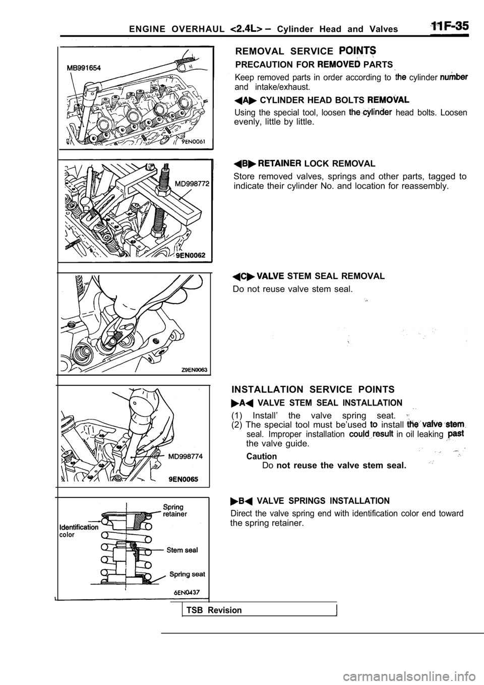 MITSUBISHI SPYDER 1990  Service Repair Manual E N G I N E   O V E R H A U L    Cylinder  Head  and  Valves
color
REMOVAL  SERVICE 
PRECAUTION  FOR   PARTS
Keep  removed  parts  in  order  according  to   cylinder 
and  intake/exhaust.
  CYLINDER 