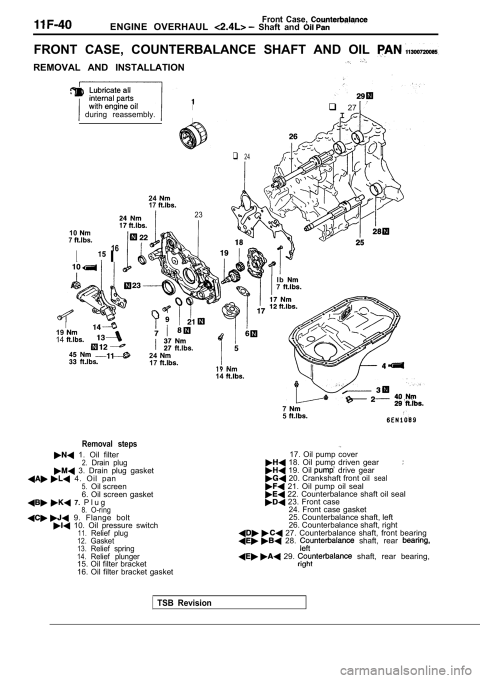 MITSUBISHI SPYDER 1990  Service Repair Manual Front  Case, ENGINE  OVERHAUL   Shaft  and 
FRONT  CASE,  COUNTERBALANCE  SHAFT  AND  OIL 
REMOVAL  AND  INSTALLATION
q 27  during  reassembly. 
2417
107
23
q 24
I
16
 I
I1914
24.  .
17
Removal  steps