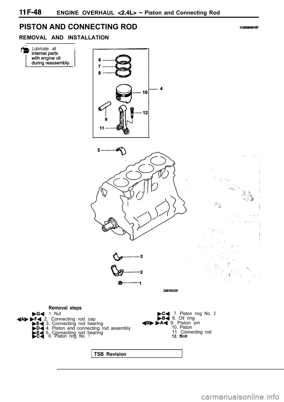MITSUBISHI SPYDER 1990  Service Repair Manual ENGINE  OVERHAUL   Piston  and  Connecting  Rod
PISTON AND CONNECTING ROD
REMOVAL  AND  INSTALLATION
Lubricate  allI
Removal  steps
1.Nut
  2.  Connecting  rod  cap  3.  Connecting  rod  bearing  4.  