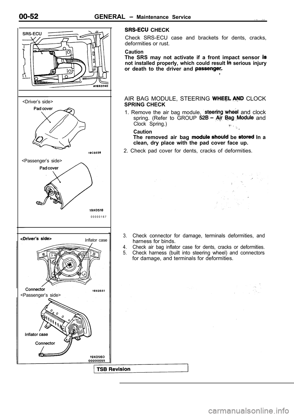 MITSUBISHI SPYDER 1990  Service Repair Manual GENERAL  Maintenance  Service
<Driver’s  side>
<Passenger’s  side>
0 0 0 0 0 1 6 7
Inflator  case
<Passenger’s  side>
  CHECK
Check  SRS-ECU  case  and  brackets  for  dents,  cracks,
deformitie
