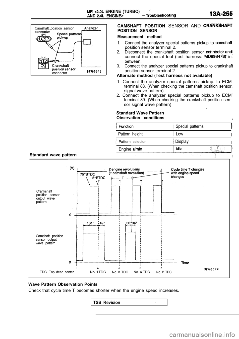 MITSUBISHI SPYDER 1990 Service Repair Manual ENGINE (TURBO)
AND ENGINE>
CAMSHAFT POSITION SENSOR AND
POSITION SENSOR
Measurement method
1.Connect the analyzer special patterns pickup to
position sensor terminal 2.
2.Disconnect t MITSUBISHI SPYDER 1990 Service Repair Manual ENGINE (TURBO)
AND ENGINE>
CAMSHAFT POSITION SENSOR AND
POSITION SENSOR
Measurement method
1.Connect the analyzer special patterns pickup to
position sensor terminal 2.
2.Disconnect t