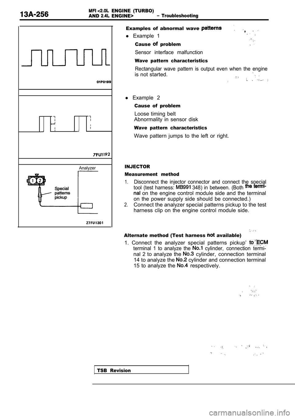 MITSUBISHI SPYDER 1990 Service Repair Manual ENGINE (TURBO)
AND
ENGINE> Troubleshooting
Analyzer
Examples of abnormal wave ,
l Example 1
Cause problem
Sensor interface malfunction
Wave pattern characteristics
Rectangular wave p MITSUBISHI SPYDER 1990 Service Repair Manual ENGINE (TURBO)
AND
ENGINE> Troubleshooting
Analyzer
Examples of abnormal wave ,
l Example 1
Cause problem
Sensor interface malfunction
Wave pattern characteristics
Rectangular wave p
