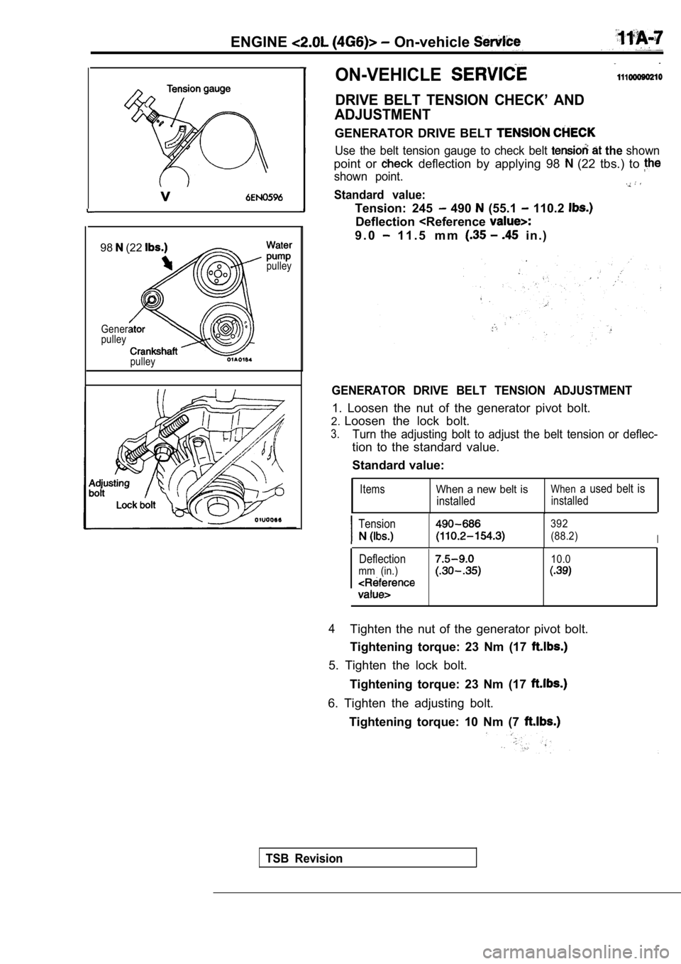 MITSUBISHI SPYDER 1990  Service Repair Manual ENGINE On-vehicle 
98 (22 
Generator 
pulley
pulley
v
pulley
ON-VEHICLE
DRIVE  BELT  TENSION  CHECK’  AND
ADJUSTMENT
GENERATOR  DRIVE  BELT 
Use  the  belt  tension  gauge  to  check  belt  the show