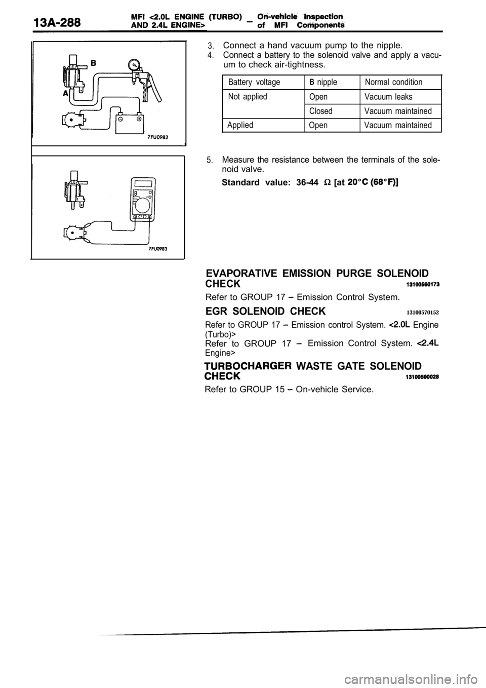 MITSUBISHI SPYDER 1990  Service Repair Manual Connect  a  hand  vacuum  pump  to  the  nipple.
Connect  a  battery  to  the  solenoid  valve  and  apply  a  vacu-
um to check air-tightness.
Battery  voltage
Not  applied
Applied  nipple
Open 
Clos