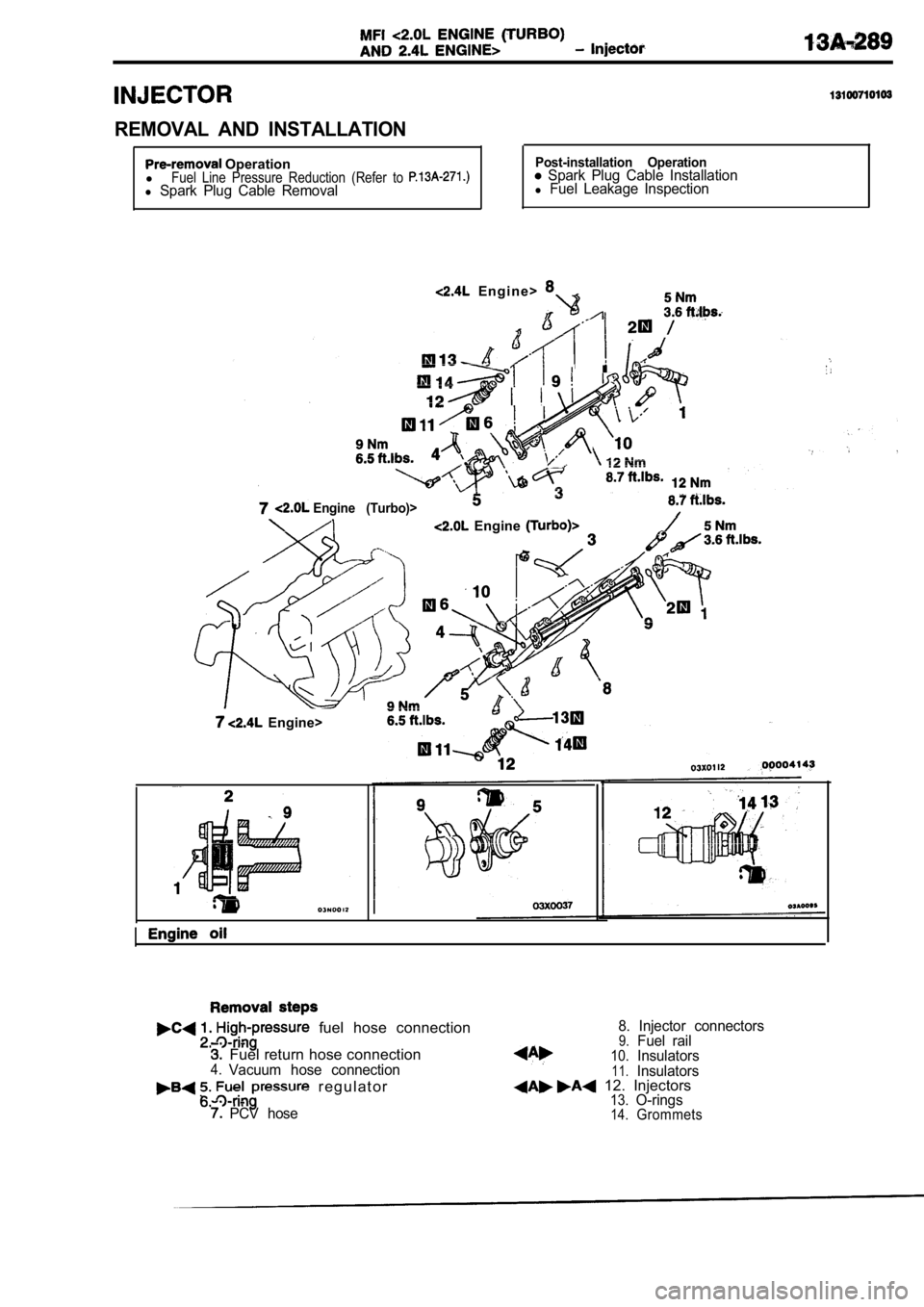 MITSUBISHI SPYDER 1990  Service Repair Manual REMOVAL  AND  INSTALLATION
 Operation
lFuel  Line  Pressure  Reduction  (Refer  to l Spark  Plug  Cable  Removal
Post-installation  Operation  Spark  Plug  Cable  Installationl Fuel  Leakage  Inspecti