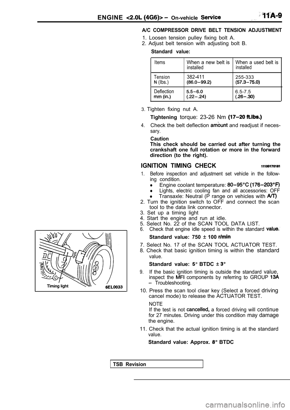 MITSUBISHI SPYDER 1990 Service Repair Manual ENGINE On-vehicle
A/C COMPRESSOR DRIVE BELT TENSION ADJUSTMENT
1. Loosen tension pulley fixing bolt A.
2. Adjust belt tension with adjusting bolt B.
Standard value:
Items
Tension
MITSUBISHI SPYDER 1990 Service Repair Manual ENGINE On-vehicle
A/C COMPRESSOR DRIVE BELT TENSION ADJUSTMENT
1. Loosen tension pulley fixing bolt A.
2. Adjust belt tension with adjusting bolt B.
Standard value:
Items
Tension