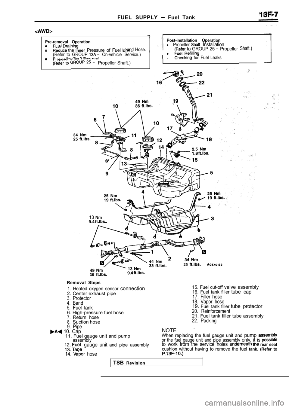 MITSUBISHI SPYDER 1990  Service Repair Manual FUEL  SUPPLY   Fuel  Tank
Pre-removal  Operation
  Pressure  of  Fuel (Refer  to  GROUP   On-vehicle  Service.)  Il . . . . . 
 and Hose.
Post-installation  Operationl   Propeller   Installation to GR