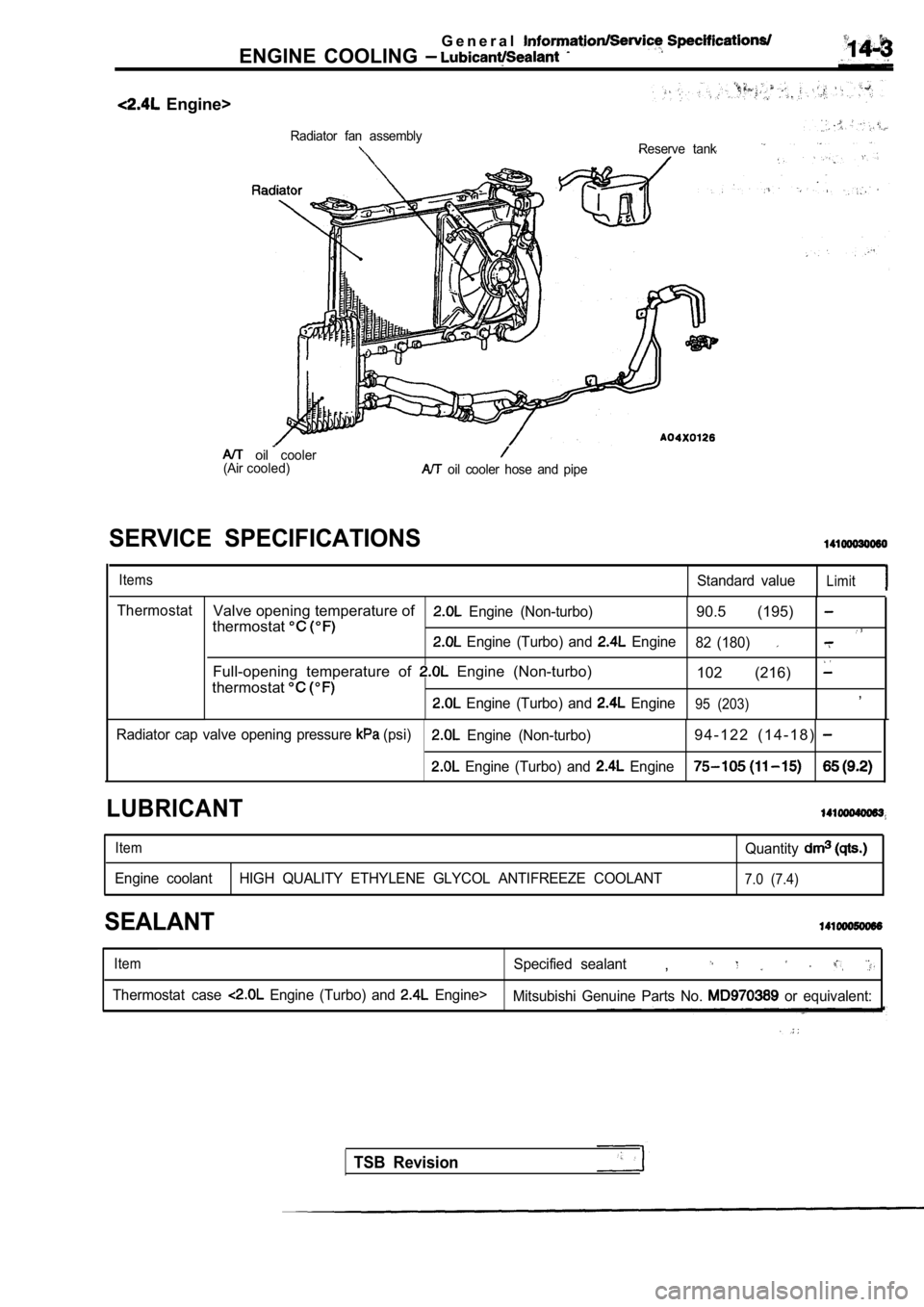 MITSUBISHI SPYDER 1990  Service Repair Manual G e n e r a l
ENGINE  COOLING 
  Engine>
Radiator  fan  assemblyReserve  tank
(Airoilcooler
cooled)  oil  cooler  hose  and  pipe
SERVICE  SPECIFICATIONS
ItemsStandard  valueLimit
ThermostatValve open