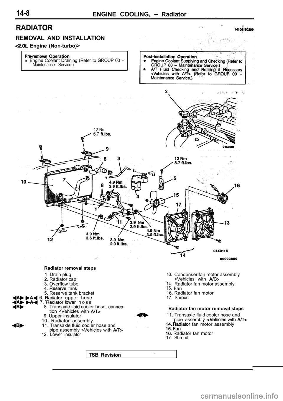 MITSUBISHI SPYDER 1990  Service Repair Manual 14-8ENGINE  COOLING,   Radiator
RADIATOR
REMOVAL  AND  INSTALLATION
  Engine  (Non-turbo)>
  Operationl Engine  Coolant  Draining  (Refer  to  GROUP  00 Maintenance  Service.)
2
12  Nm6.7
Radiator rem