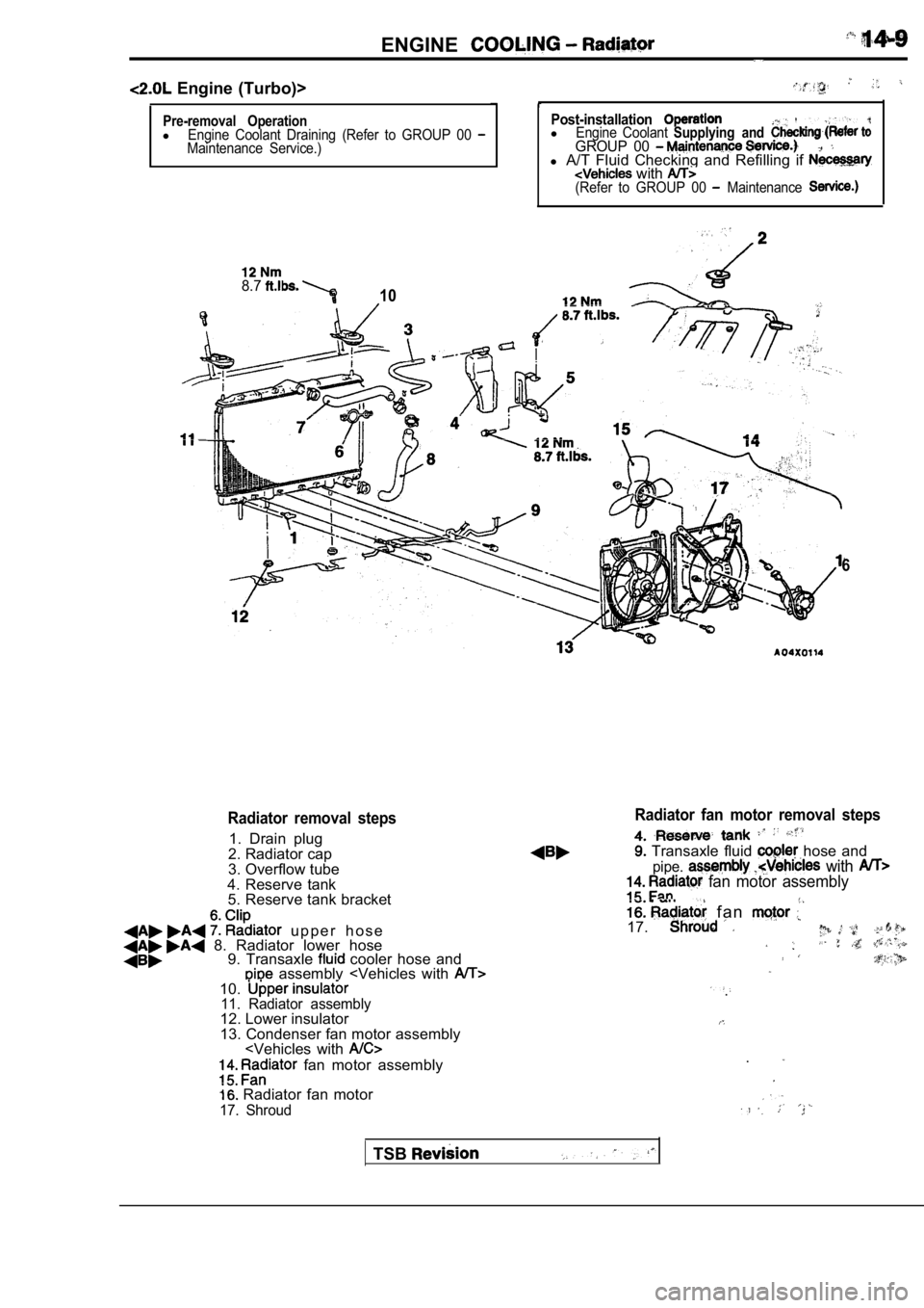 MITSUBISHI SPYDER 1990  Service Repair Manual ENGINE
  Engine  (Turbo)>
Pre-removal  OperationlEngine  Coolant  Draining  (Refer  to  GROUP  00 Maintenance  Service.)
Post-installation.
lEngine  Coolant Supplying  and GROUP  00 l A/T  Fluid  Chec