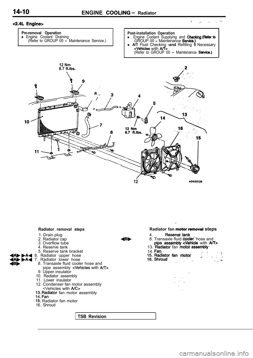 MITSUBISHI SPYDER 1990  Service Repair Manual ENGINE  Radiator
Pm-removal  Operationl Engine  Coolant  Draining(Refer  to  GROUP  00   Maintenance  Service.)II
Post-installation  OperationlEngine  Coolant  Supplying  and GROUP  00  Maintenance l 