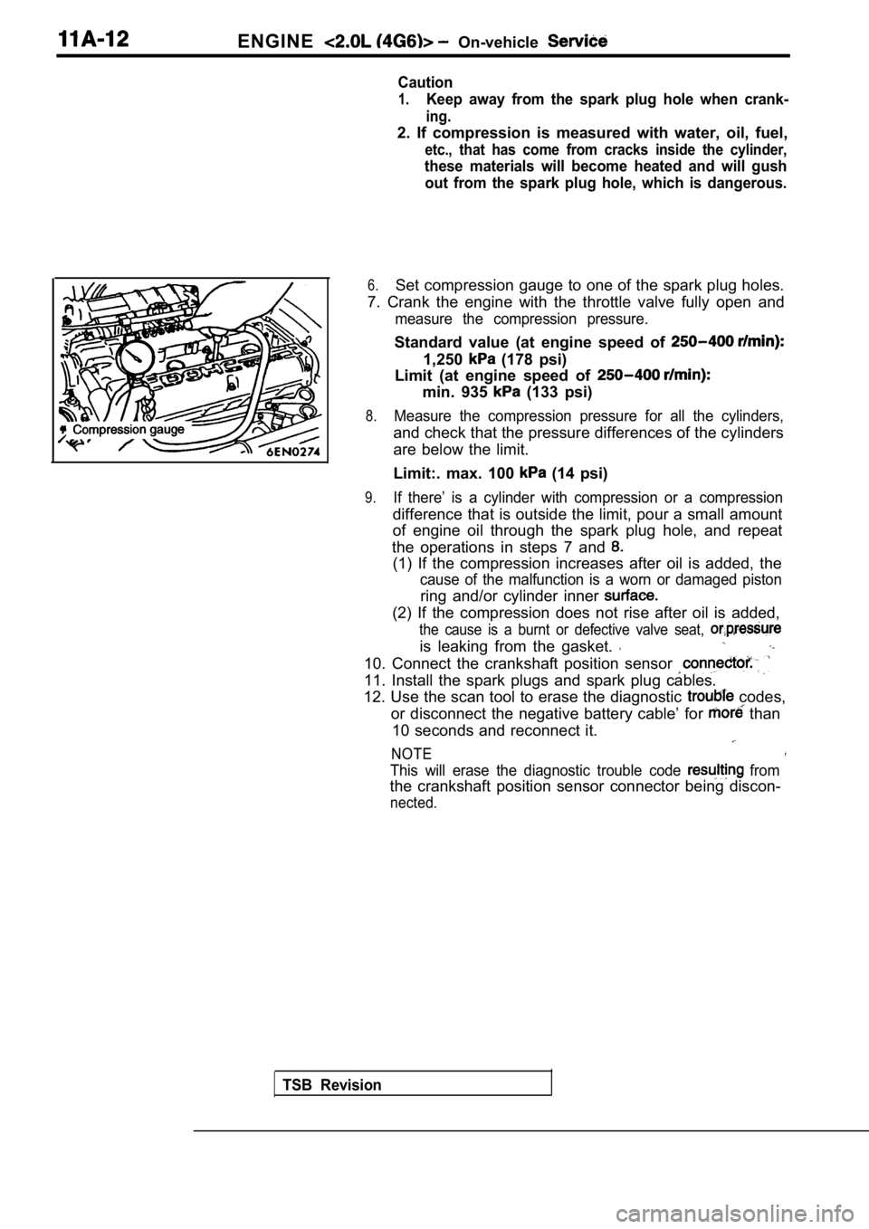 MITSUBISHI SPYDER 1990 Service Repair Manual ENGINE On-vehicle
Caution
1.Keep away from the spark plug hole when crank-
ing.
2. If compression is measured with water, oil, fuel,
etc., that has come from cracks inside the MITSUBISHI SPYDER 1990 Service Repair Manual ENGINE On-vehicle
Caution
1.Keep away from the spark plug hole when crank-
ing.
2. If compression is measured with water, oil, fuel,
etc., that has come from cracks inside the
