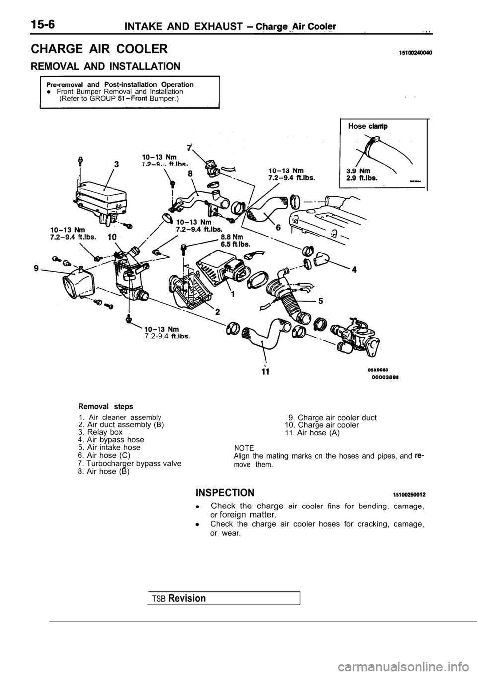 MITSUBISHI SPYDER 1990  Service Repair Manual INTAKE  AND  EXHAUST 
CHARGE  AIR  COOLER
 . .
REMOVAL  AND  INSTALLATION
  and  Post-installation  Operationl Front  Bumper  Removal  and  Installation
(Refer  to  GROUP   Bumper.)
Hose
7  A 
TSBRevi