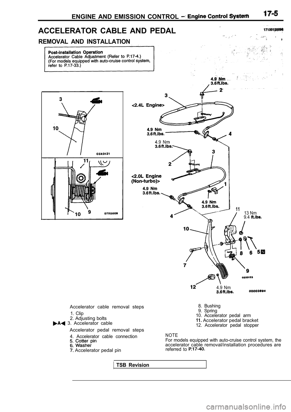 MITSUBISHI SPYDER 1990  Service Repair Manual ENGINE  AND  EMISSION  CONTROL 
ACCELERATOR  CABLE  AND  PEDAL
REMOVAL  AND  INSTALLATION  ,
4.9  Nm
Accelerator  cable  removal  steps
1.  Clip
2. Adjusting bolts  3.  Accelerator  cableAccelerator  