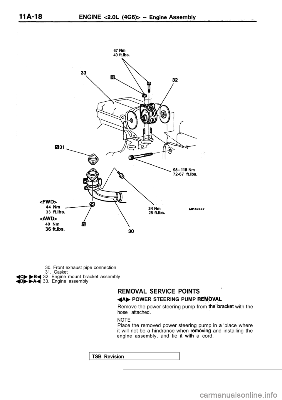 MITSUBISHI SPYDER 1990  Service Repair Manual ENGINE  Assemblv
6749
4 4
3325
  Nm72-67
49  Nm 
36
30.  Front  exhaust  pipe  connection31.  Gasket  32.  Engine  mount  bracket  assembly  33.  Engine  assembly
REMOVAL  SERVICE  POINTS
  POWER  STE