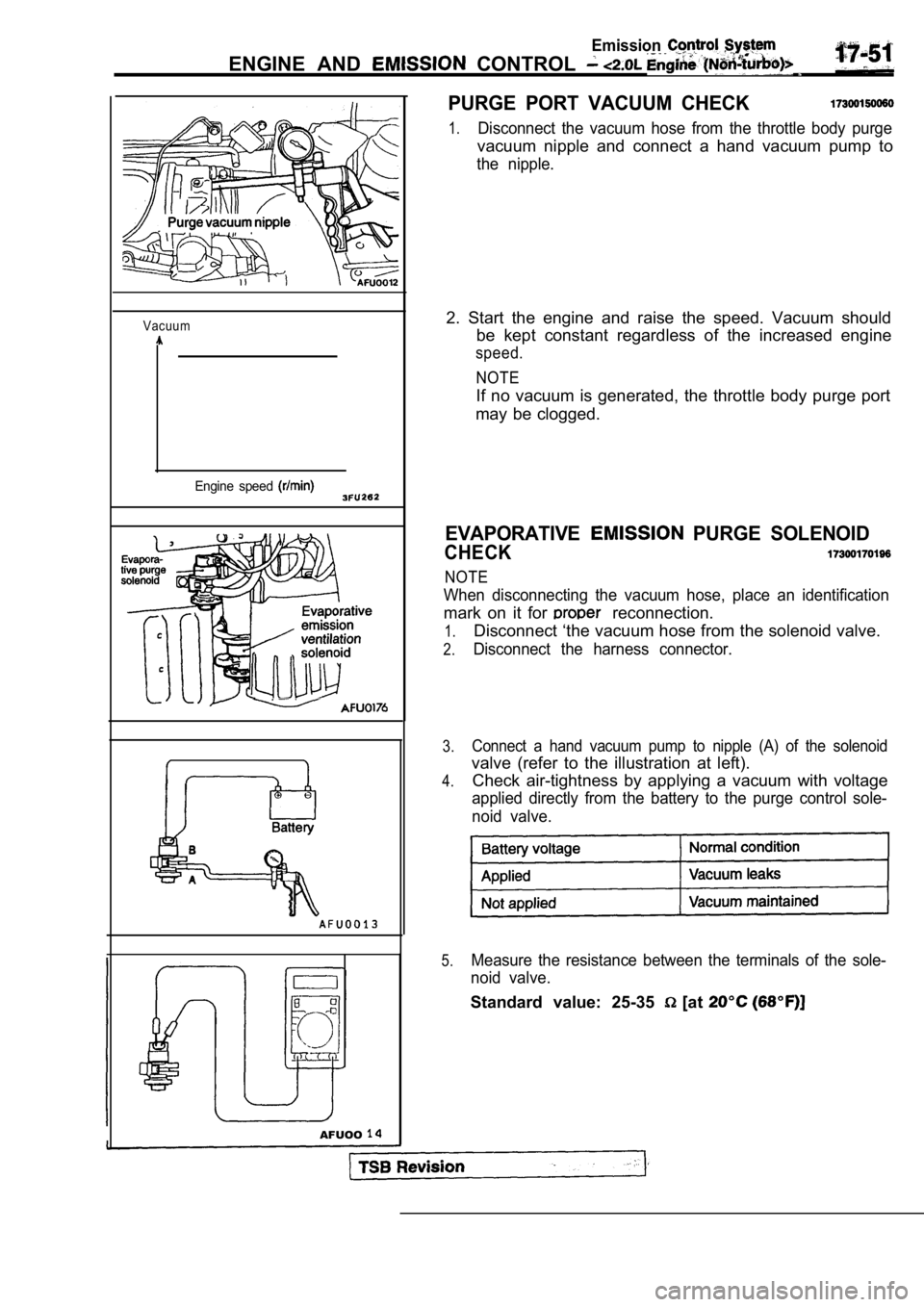 MITSUBISHI SPYDER 1990  Service Repair Manual Emission
ENGINE  AND   CONTROL 
Vacuum
Engine  speed 
AFUOO
PURGE  PORT  VACUUM  CHECK
1.Disconnect  the  vacuum  hose  from  the  throttle  body  purge
vacuum  nipple  and  connect  a  hand  vacuum  
