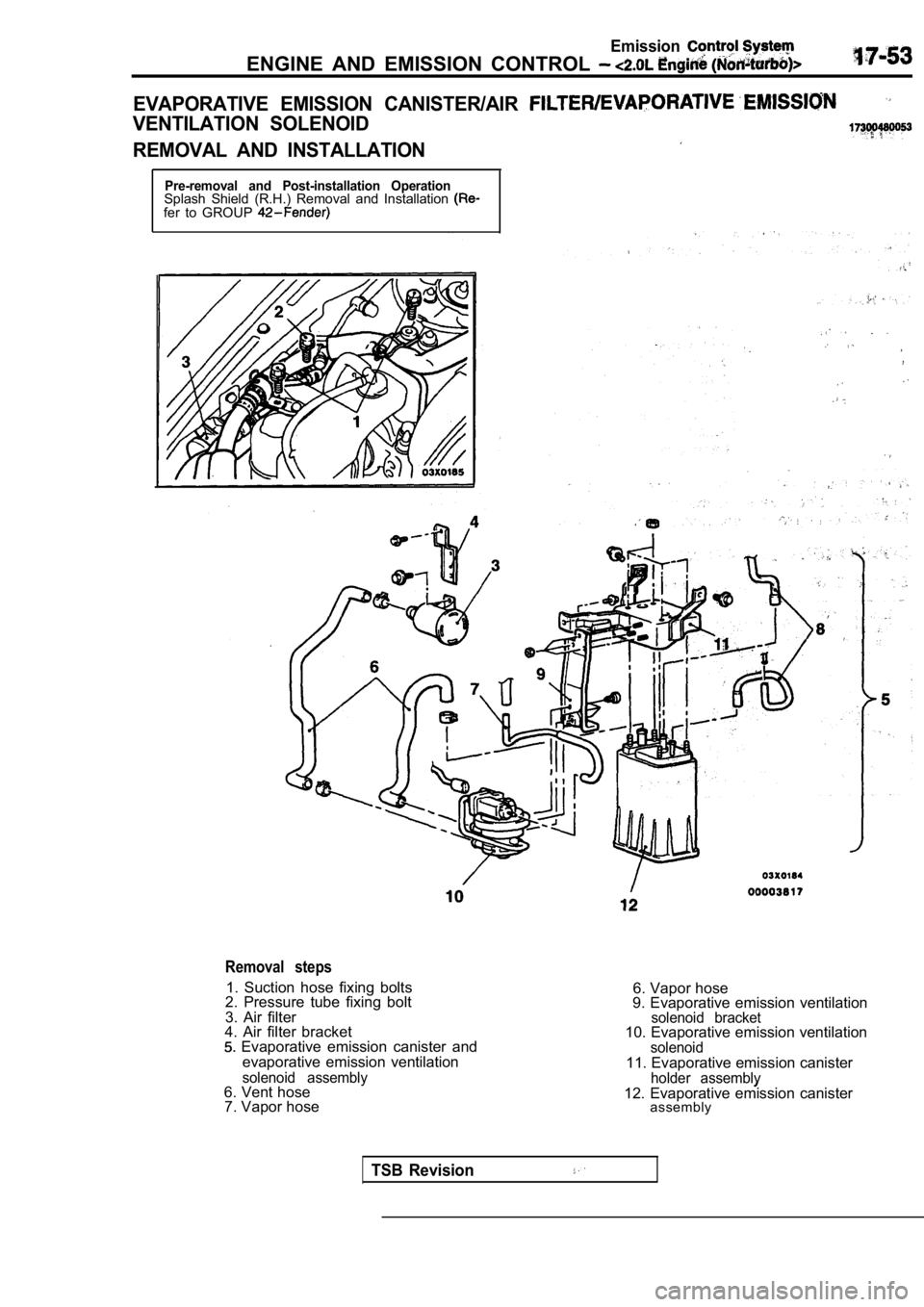 MITSUBISHI SPYDER 1990  Service Repair Manual Emission
ENGINE  AND  EMISSION  CONTROL 
EVAPORATIVE  EMISSION  CANISTER/AIR 
VENTILATION  SOLENOID
REMOVAL  AND  INSTALLATION
Pre-removal  and  Post-installation  OperationSplash  Shield  (R.H.)  Rem