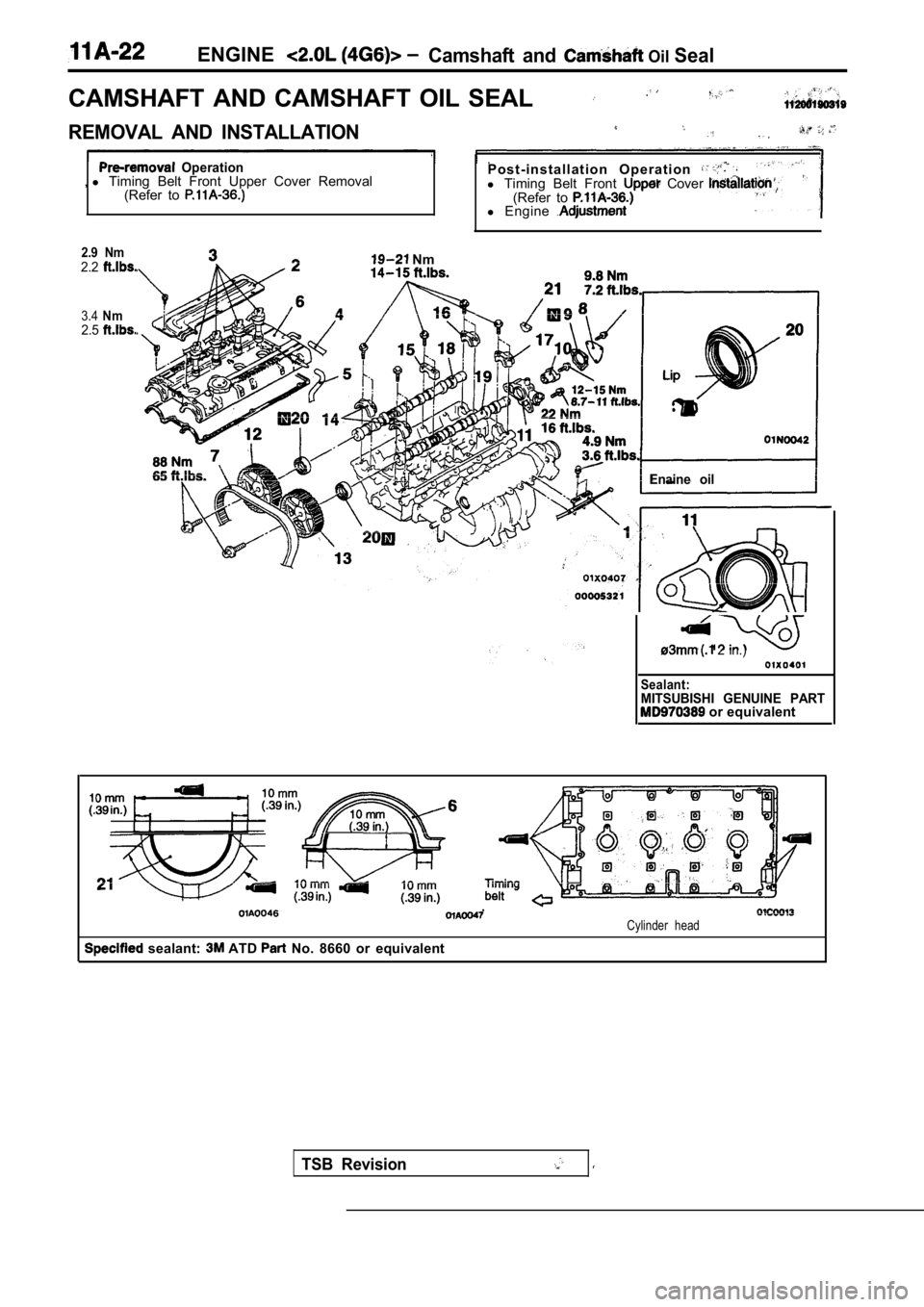 MITSUBISHI SPYDER 1990  Service Repair Manual ENGINECamshaft  and  Oil Seal
CAMSHAFT  AND  CAMSHAFT  OIL  SEAL
REMOVAL  AND  INSTALLATION
  Operation,l  Timing  Belt  Front  Upper  Cover  Removal
(Refer  to P o s t - i n s t a l l a t i o n   O p
