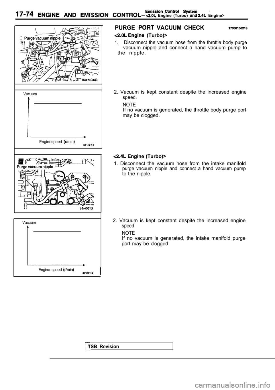 MITSUBISHI SPYDER 1990  Service Repair Manual   Engine  (Turbo)   Engine>
Vacuum
Enginespeed
TSB  Revision
Vacuum
Engine  speed 
PURGE  VACUUM  CHECK
  (Turbo)>
1.  Disconnect  the  vacuum  hose  from  the  throttle  body purge
vacuum  nipple  an