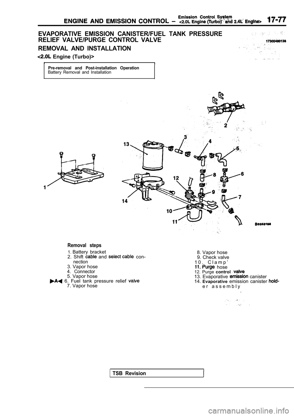 MITSUBISHI SPYDER 1990  Service Repair Manual EVAPORATIVE  EMISSION  CANISTER/FUEL  TANK  PRESSURE 
RELIEF  VALVE/PURGE  CONTROL  VALVE
REMOVAL  AND  INSTALLATION
  Engine  (Turbo)>
Pre-removal  and  Post-installation  OperationBattery  Removal  