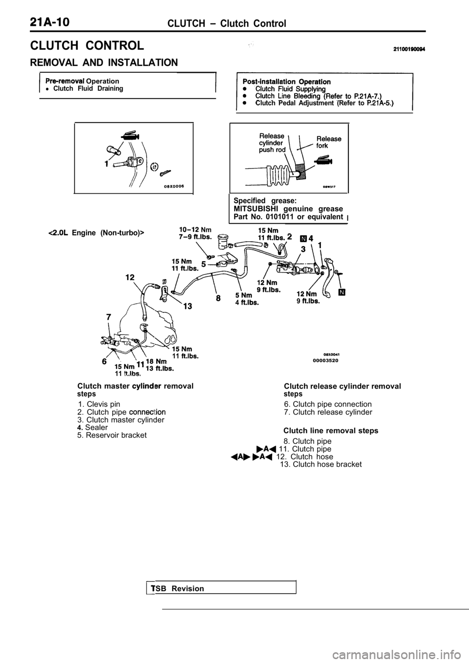 MITSUBISHI SPYDER 1990  Service Repair Manual CLUTCH  Clutch  Control
CLUTCH  CONTROL
REMOVAL  AND  INSTALLATION
 Operationl Clutch  Fluid  Draining
Engine (Non-turbo)>
Clutch  Pedal  Adjustment  (Refer  to 
Specified  grease:
MITSUBISHI  genuine
