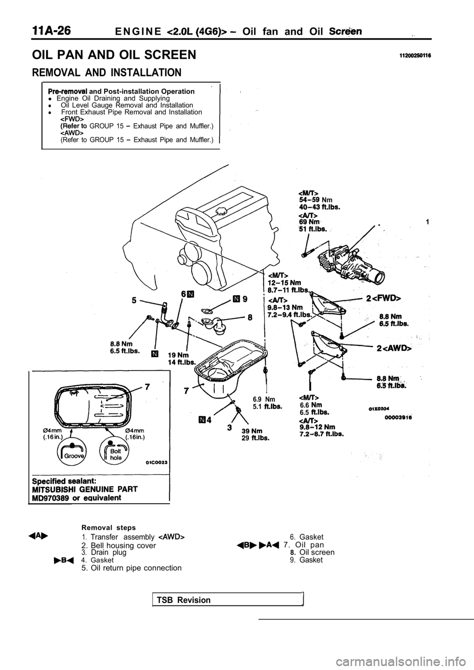 MITSUBISHI SPYDER 1990  Service Repair Manual E N G I N E  Oil  fan  and  Oil 
OIL  PAN  AND  OIL  SCREEN
REMOVAL  AND  INSTALLATION
 and Post-installation Operation
l  Engine  Oil  Draining  and  Supplying
lOil  Level  Gauge  Removal  and  Insta
