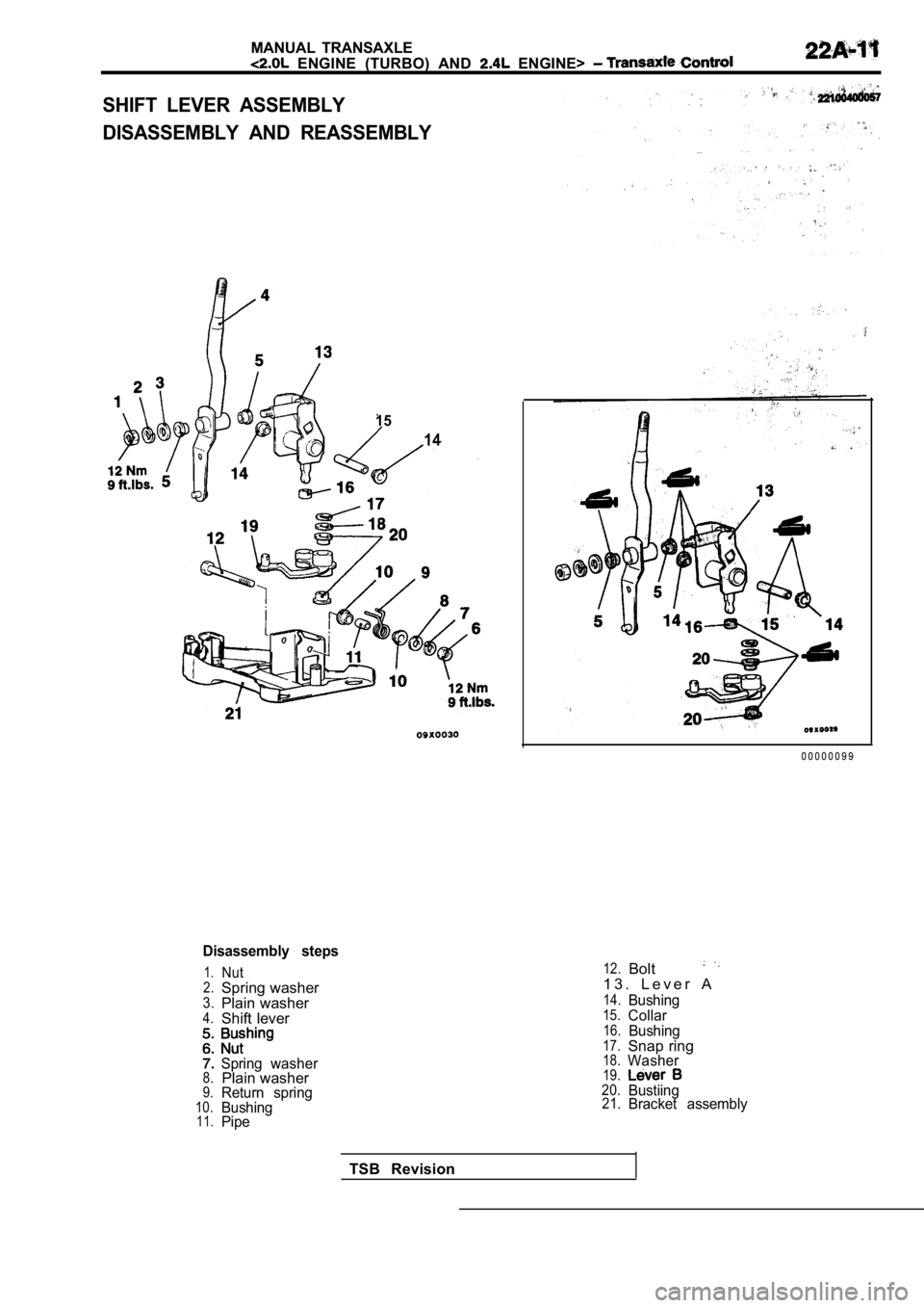 MITSUBISHI SPYDER 1990  Service Repair Manual MANUAL  TRANSAXLE
  ENGINE  (TURBO)  AND   ENGINE> 
SHIFT  LEVER  ASSEMBLY 
DISASSEMBLY  AND  REASSEMBLY
15
14
Disassembly  steps
1.Nut2.Spring washer3.Plain washer4.Shift lever
Spring washer8.Plain w