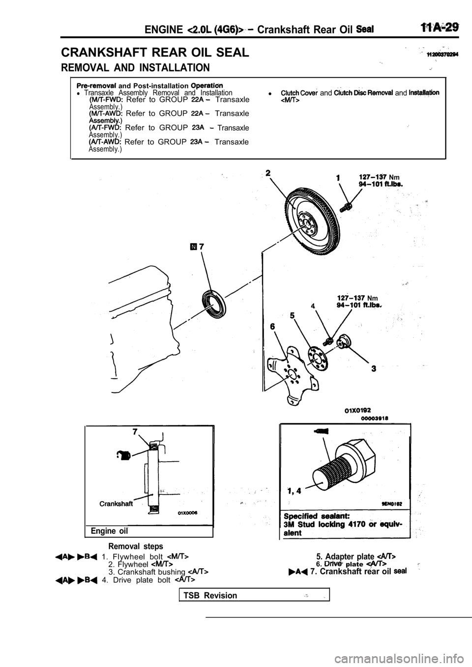 MITSUBISHI SPYDER 1990  Service Repair Manual ENGINE  Crankshaft  Rear  Oil 
CRANKSHAFT  REAR  OIL  SEAL
REMOVAL  AND  INSTALLATION
  and  Post-installation l Transaxle  Assembly  Removal  and  Installation  Refer  to  GROUP   TransaxleAssembly.)
