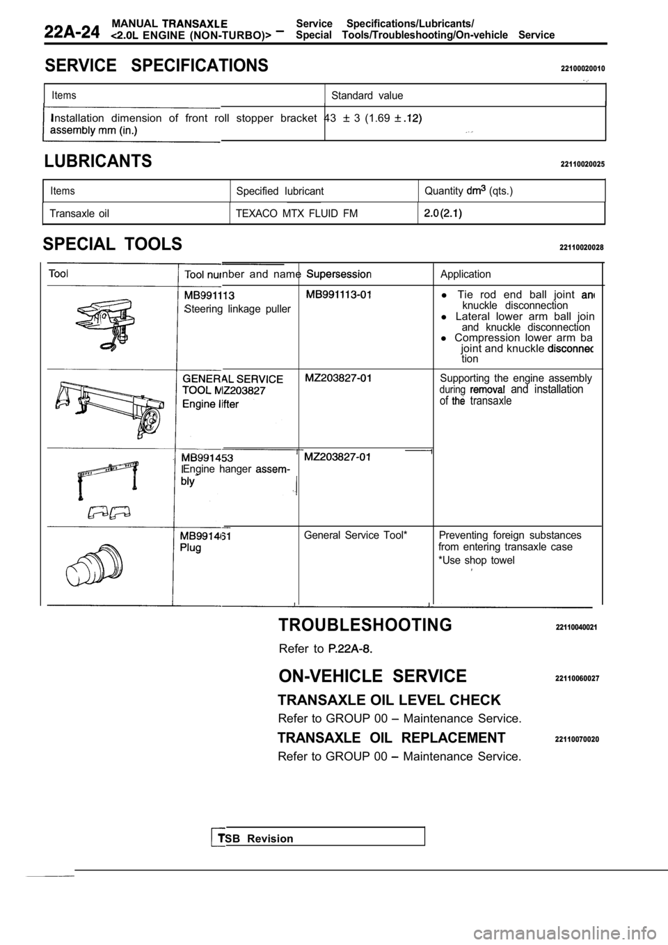 MITSUBISHI SPYDER 1990  Service Repair Manual MANUAL
  ENGINE  (NON-TURBO)> 
Service  Specifications/Lubricants/
Special  Tools/Troubleshooting/On-vehicle  Service
SERVICE  SPECIFICATIONS22100020010
ItemsStandard  value
Installation  dimension  o