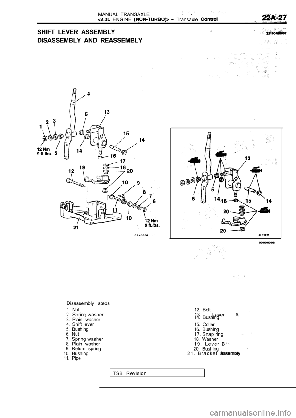MITSUBISHI SPYDER 1990  Service Repair Manual MANUAL  TRANSAXLE  .
  ENGINE   Transaxle 
SHIFT  LEVER  ASSEMBLY
DISASSEMBLY  AND  REASSEMBLY
Disassembly  steps
1.Nut2.Spring washer3.Plain  washer4.Shift lever5.Bushing6.Nut
7.Spring washer8.Plain 