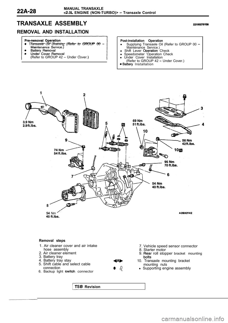 MITSUBISHI SPYDER 1990  Service Repair Manual MANUAL TRANSAXLE
  ENGINE  (NON-TURBO)>   Transaxle  Control
TRANSAXLE  ASSEMBLY
REMOVAL  AND  INSTALLATION
l Transaxle  Oil  Draining  (Refer  to  GROUP  00 
(Refer  to  GROUP  42   Under  Cover.)
Po