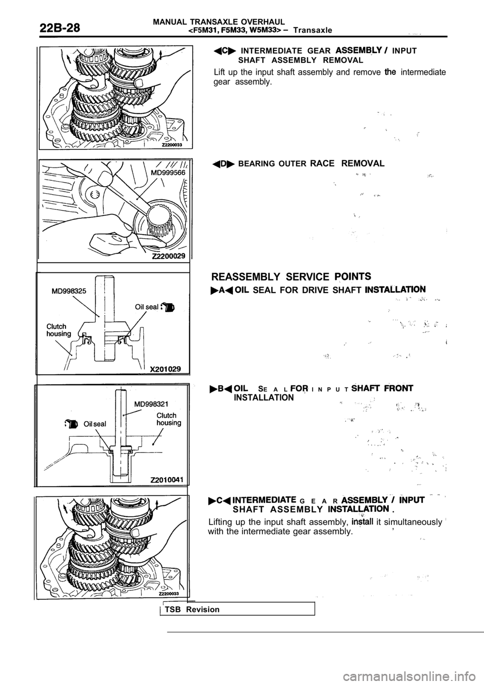 MITSUBISHI SPYDER 1990  Service Repair Manual MANUAL  TRANSAXLE  OVERHAUL
  Transaxle
  INTERMEDIATE  GEAR   INPUT
SHAFT  ASSEMBLY  REMOVAL
Lift  up  the  input  shaft  assembly  and  remove   intermediate
gear  assembly.
  BEARING  OUTER  RACE  