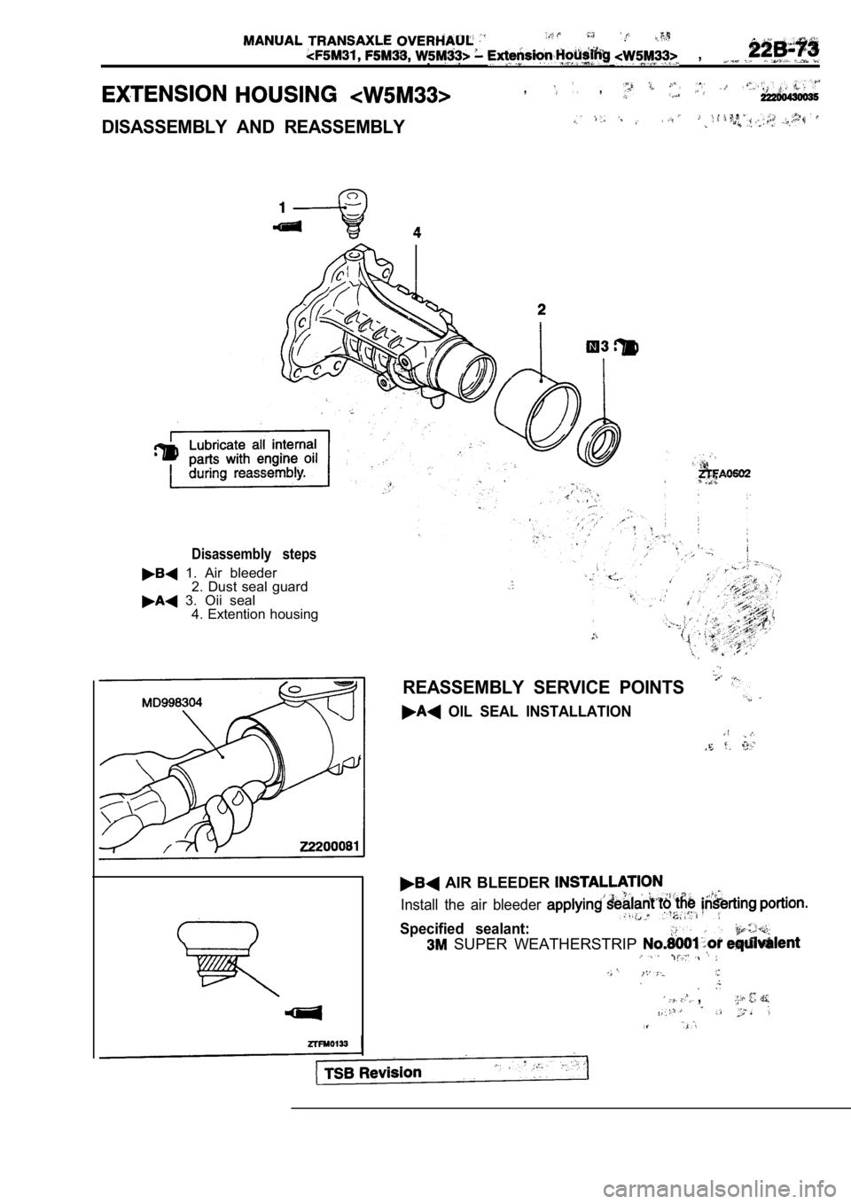 MITSUBISHI SPYDER 1990  Service Repair Manual ,,
,  , 
DISASSEMBLY  AND  REASSEMBLY
Disassembly  steps
  1.  Air  bleeder2. Dust seal guard
  3.  Oii  seal4. Extention housing
REASSEMBLY  SERVICE  POINTS
  OIL  SEAL  INSTALLATION
  AIR  BLEEDER 
