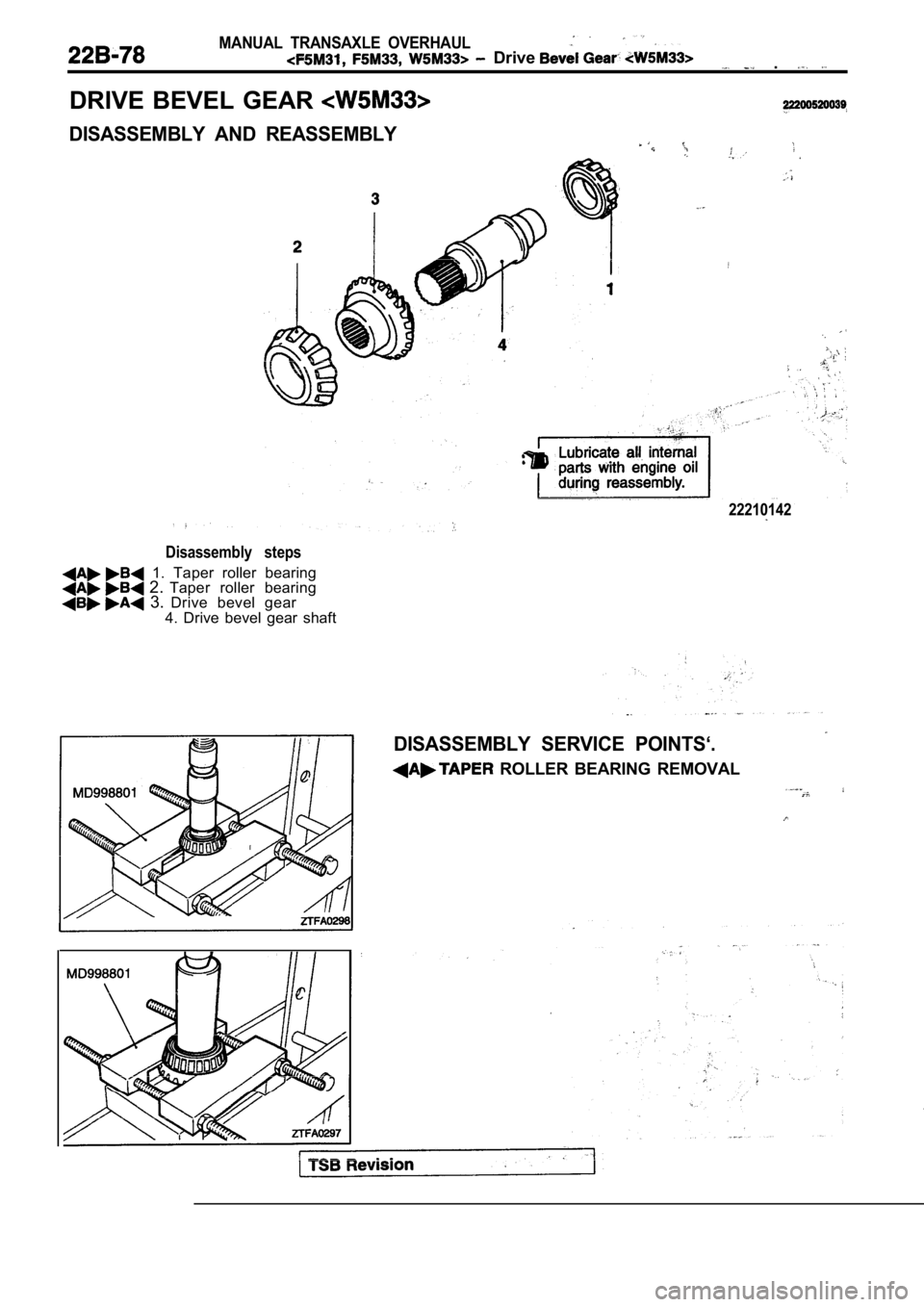 MITSUBISHI SPYDER 1990  Service Repair Manual MANUAL  TRANSAXLE  OVERHAULDrive  . 
DRIVE  BEVEL  GEAR 
DISASSEMBLY  AND  REASSEMBLY
Disassembly  steps
  1.  Taper  roller  bearing  2. Taper  roller  bearing  3.  Drive  bevel  gear
4.  Drive  beve
