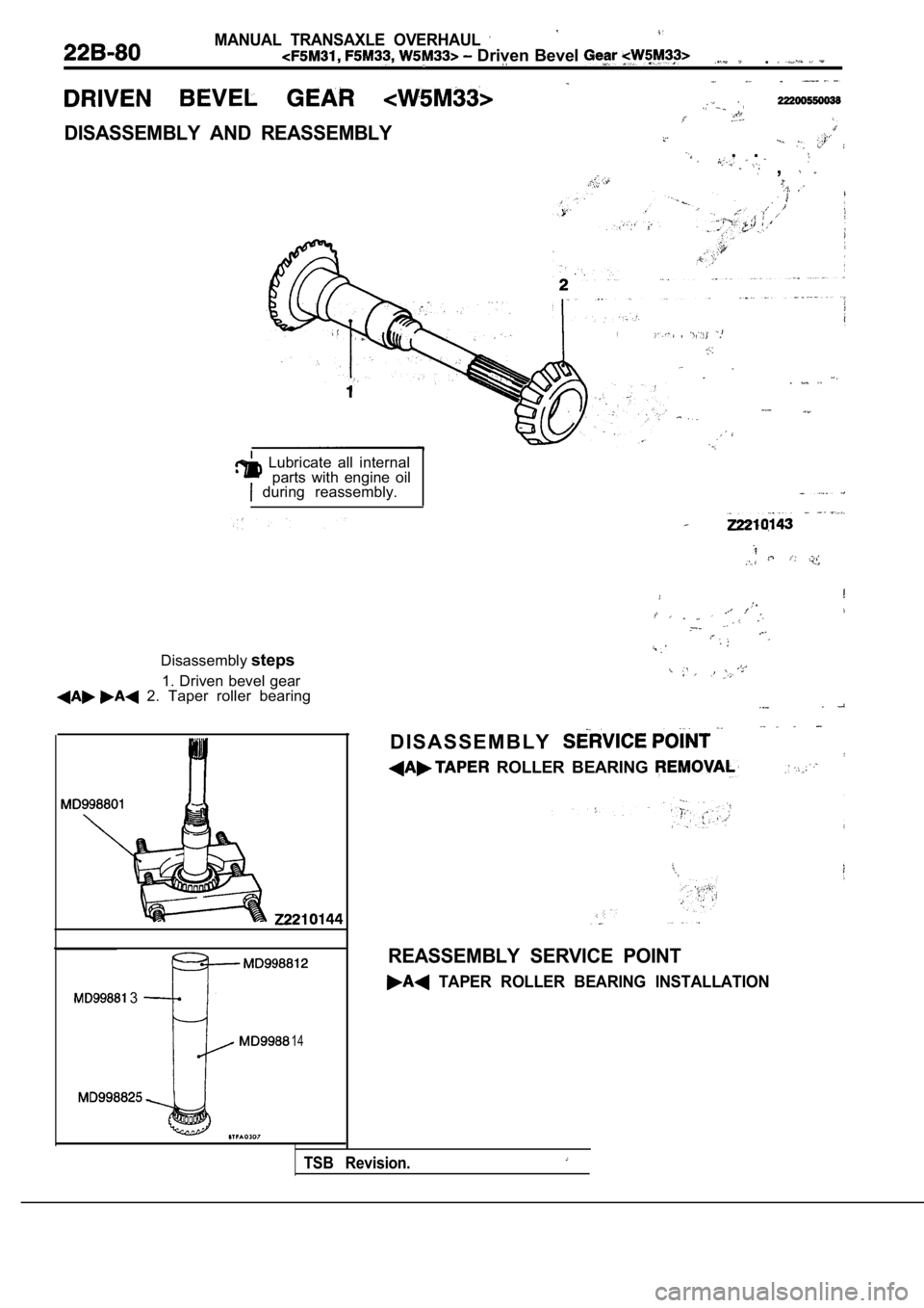 MITSUBISHI SPYDER 1990  Service Repair Manual MANUAL  TRANSAXLE  OVERHAUL 
 Driven Bevel ..  .
DISASSEMBLY  AND  REASSEMBLY
. .
  , 
  Lubricate  all  internalparts  with  engine  oil
  during  reassembly.
Disassembly steps
1. Driven bevel gear
 