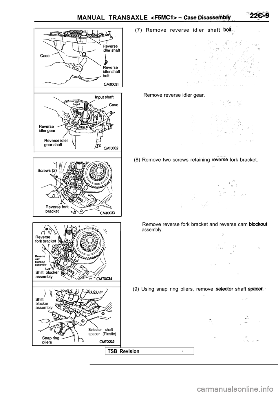 MITSUBISHI SPYDER 1990  Service Repair Manual MANUAL  TRANSAXLE 
blockerassembly
Selector  shaftspacer  (Plastic)
( 7 )   R e m o v e   r e v e r s e   i d l e r   s h a f t  ,
Remove reverse idler gear.
(8)  Remove  two  screws  retaining 
  for
