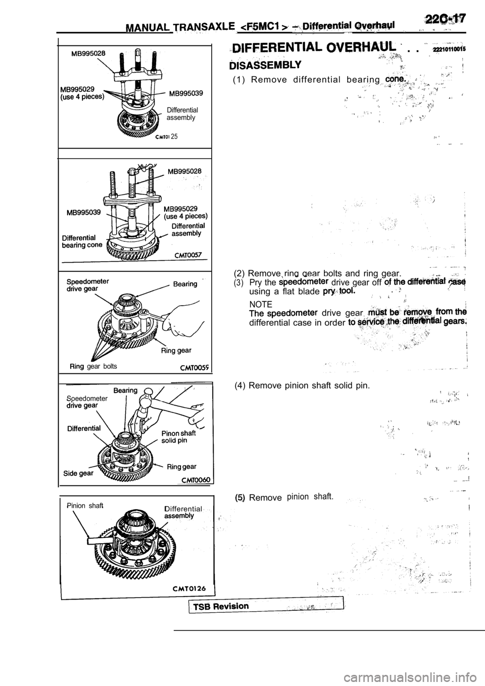 MITSUBISHI SPYDER 1990  Service Repair Manual Differentialassembly
 25
  gear  bolts
Soeedometer
Pinion  shaftDifferential
  .  . ,
( 1 )   R e m o v e   d i f f e r e n t i a l   b e a r i n g  ,,
(2)  Remove  ring  gear  bolts  and  ring  gear.