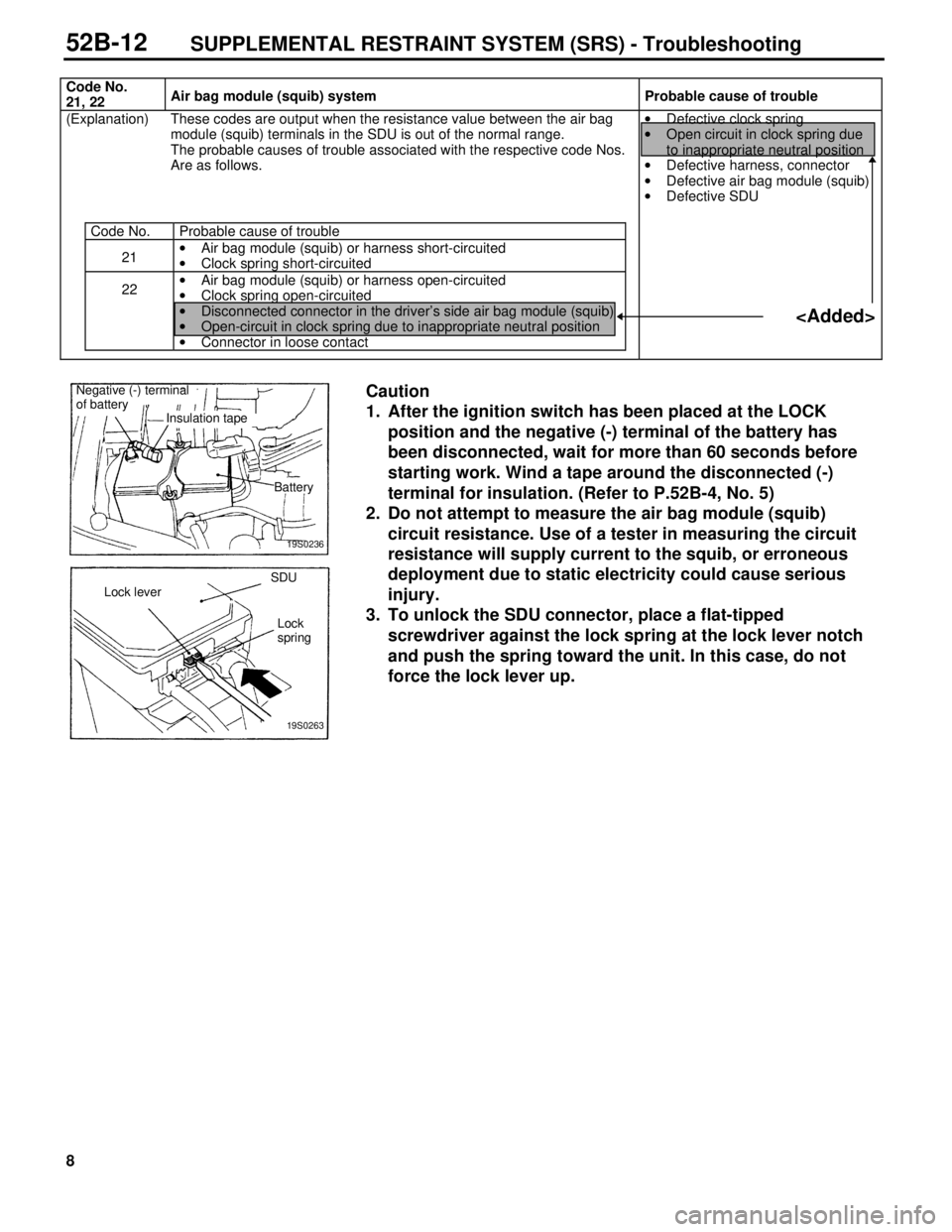 MITSUBISHI TRITON 1997  Workshop Manual d
ep lo ym en t d ue t o  s ta tic  e le ctr ic it y  c o uld  c au se s erio us
i n ju ry .
3 .  T o u nlo ck t h e S D U c o nnecto r, p la ce a  f la t-tip ped
s cre w driv er a g ain st t h e lo c