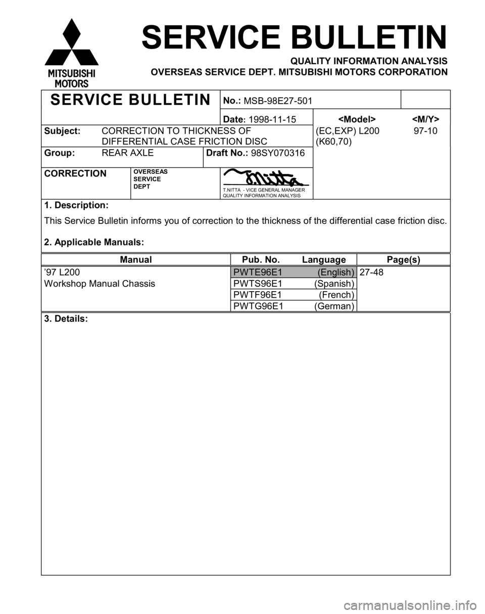 MITSUBISHI TRITON 1997  Workshop Manual S
ubje ct: C
O RREC TIO N T O  T H IC KN ESS O F
D IF FE R EN TIA L C ASE  F R IC TIO N D IS C (
E C ,E XP ) L 200
( K 60,7 0) 9
7-1 0 M
an ual Pub. N o. Lan guag e Pag e(s ) P
W TE 96E 1 (
E nglis h 