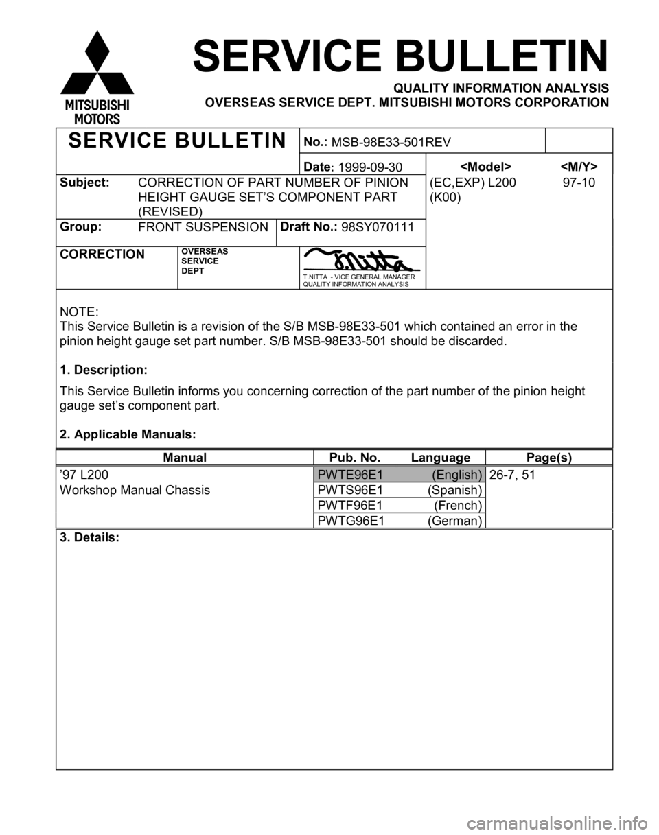 MITSUBISHI TRITON 1997  Workshop Manual S
ubje ct:
CO RREC TIO N O F P AR T N UM BER  O F P IN IO N
H EIG HT G AU G E S ET’S  C O M PO NEN T P AR T
( R EVIS ED ) (
E C ,E XP ) L 200
( K 00) 9
7-1 0 M
an ual Pub. N o. Lan guag e Pag e(s ) 