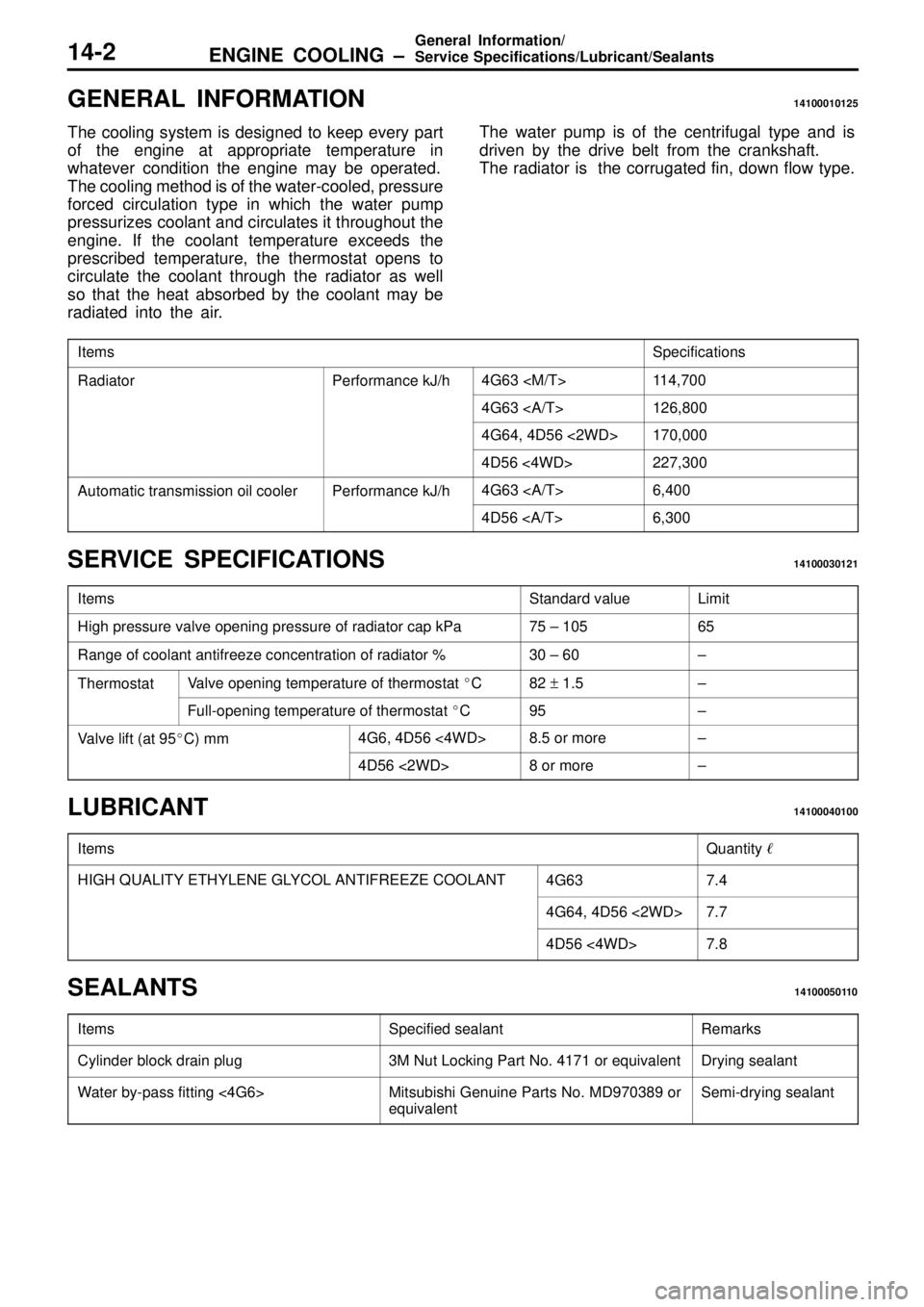 MITSUBISHI TRITON 1997  Workshop Manual ENGINE COOLING ± 
General Information/
Service Specifications/Lubricant/Sealants14-2
GENERAL INFORMATION14100010125
The cooling system is designed to keep every part
of the engine at appropriate temp