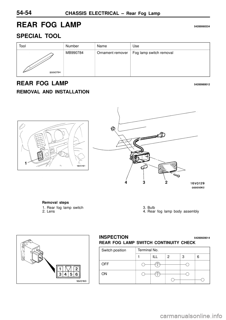 MITSUBISHI TRITON 1997  Workshop Manual N
um ber N
am e U
se M
B990784 O
rn am ent  r e m ove r F
og la m p s w it c h  r e m ova l T
e rm in al  N o. 1 I
L L 2 3 6
O
FF O
N    