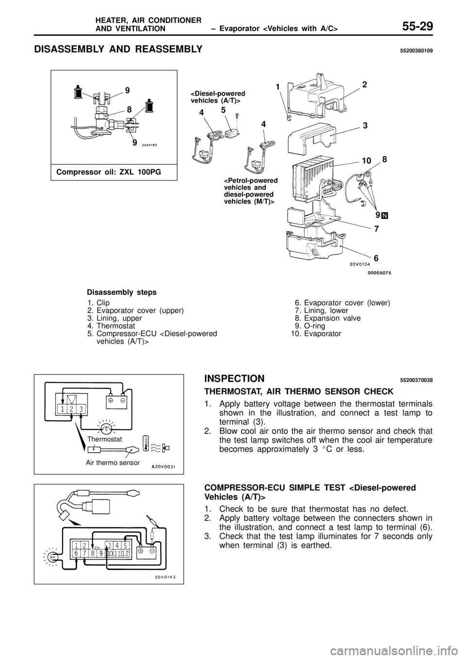 MITSUBISHI TRITON 1997 Workshop Manual <
D ie sel- p ow ere d
v eh ic le s ( A /T )> 1
5
4
67
8
9
10
9
9 8
2
3
4
D is assem bly s te p s
1 . C lip
2 . E va pora to r c o ve r ( u pper)
3 . Lin in g, u pper
4 . Therm osta t
5 . C om pre s MITSUBISHI TRITON 1997 Workshop Manual <
D ie sel- p ow ere d
v eh ic le s ( A /T )> 1
5
4
67
8
9
10
9
9 8
2
3
4
D is assem bly s te p s
1 . C lip
2 . E va pora to r c o ve r ( u pper)
3 . Lin in g, u pper
4 . Therm osta t
5 . C om pre s