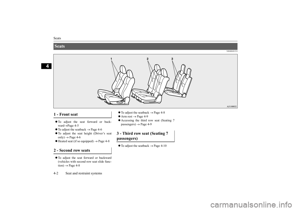 MITSUBISHI OUTLANDER III 2016  Owners Manual Seats 4-2 Seat and restraint systems
4
N00408401519
 To adjust the seat forward or back- ward 
Page 4-5 
 To adjust the seatback 
 Page 4-6 
 To adjust the seat height (Driver’s seat 