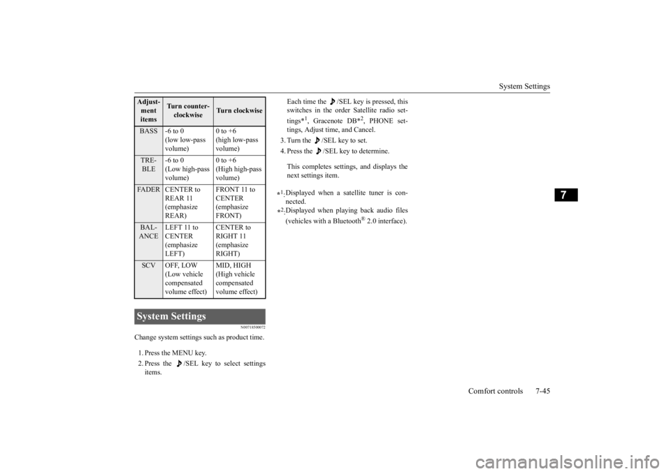 MITSUBISHI OUTLANDER III 2016 Owners Manual System Settings
Comfort controls 7-45
7
N00718500072
Change system settings
such as product time.
1. Press the MENU key. 2. Press the /SEL key to select settings items.
Each time the /SEL key i MITSUBISHI OUTLANDER III 2016 Owners Manual System Settings
Comfort controls 7-45
7
N00718500072
Change system settings
such as product time.
1. Press the MENU key. 2. Press the /SEL key to select settings items.
Each time the /SEL key i