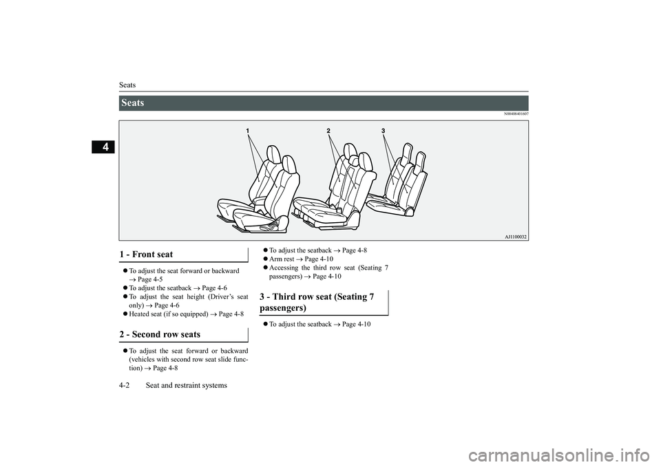 MITSUBISHI OUTLANDER III 2018  Owners Manual Seats4-2 Seat and restraint systems
4
N00408401607
To adjust the seat forward or backward  Page 4-5
To adjust the seatback 
 Page 4-6
To adjust the seat height (Driver’s seatonly) 
