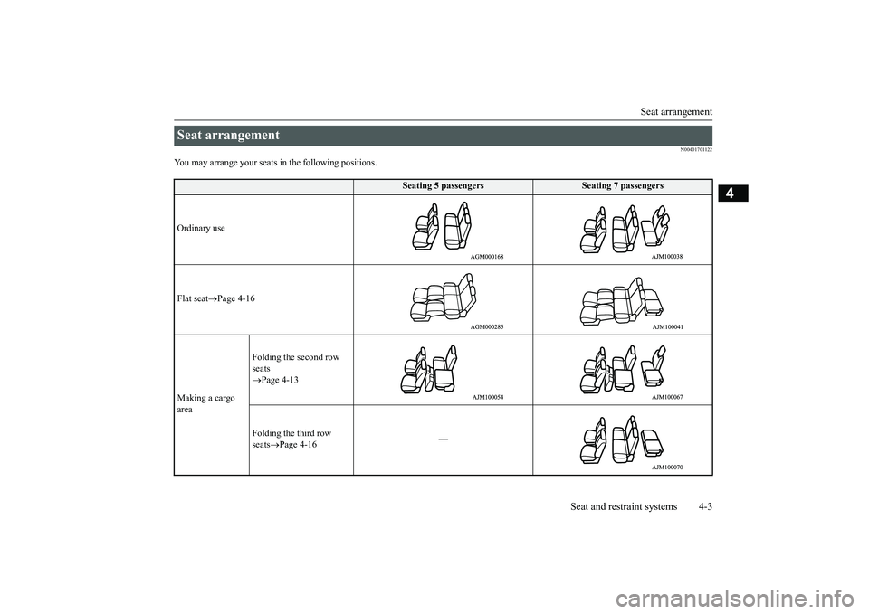 MITSUBISHI OUTLANDER III 2018  Owners Manual Seat arrangement
Seat and restraint systems 4-3
4
N00401701122
You may arrange your seats 
in the following positions.
Seat arrangement 
Seating 5 passengers
Seating 7 passengers
Ordinary useFlat seat