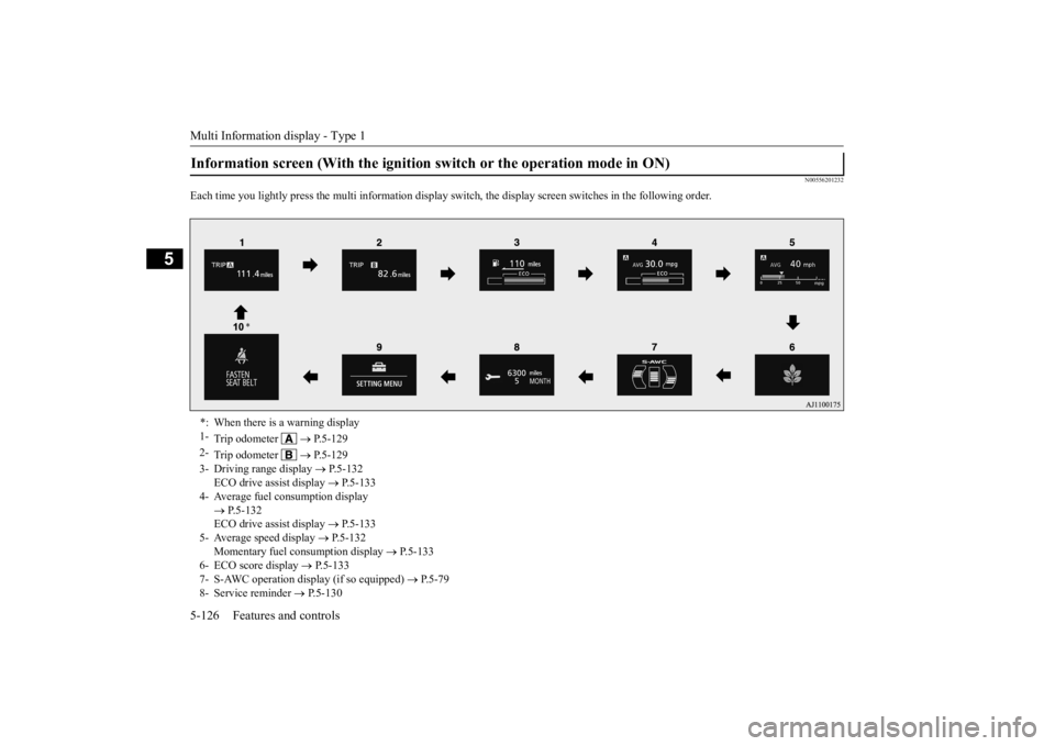 MITSUBISHI OUTLANDER III 2015  Owners Manual Multi Information display - Type 1 5-126 Features and controls
5
N00556201232
Each time you lightly press th 
e multi information display switch, the displa
y screen switches in the following order.
I